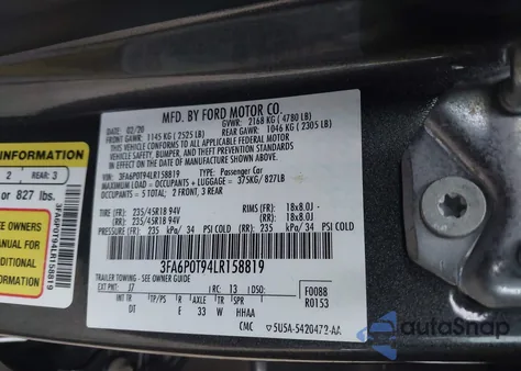 2020 Ford Fusion Se из США, поврежденный, VIN 3FA6P0T94LR158819